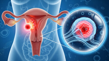 Uterus cancer medical illustration showing tumor inside female reproductive organ with cells and tissue for healthcare diagnosis treatment research and modern clinical science