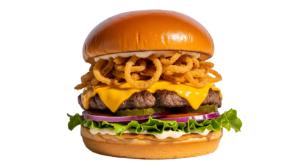 Gourmet Double Cheeseburger with Crispy Onion Rings and Melted Cheese, Isolated on Transparent Background