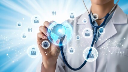 Doctor uses a stethoscope to interact with a glowing globe surrounded by interconnected people icons.