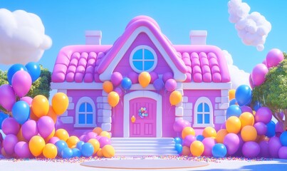 Whimsical pink house with balloons against a blue sky celebration concept