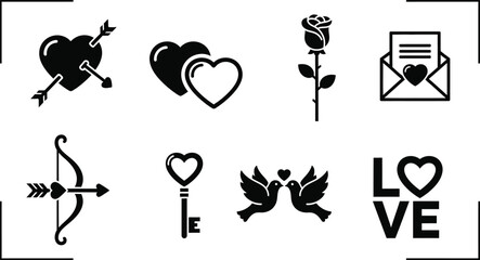 Love Symbols Collection Black Line Art Vector Icons for Valentine's Day Designs
