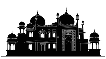 An illustration depicts a large mosque with domes and minarets in a city.