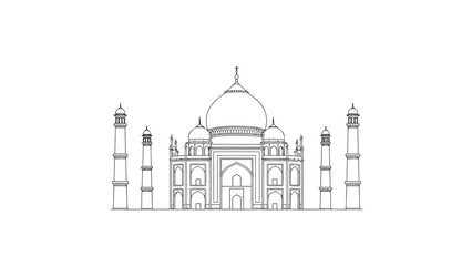 The majestic Taj Mahal stands prominently in a line drawing illustration.