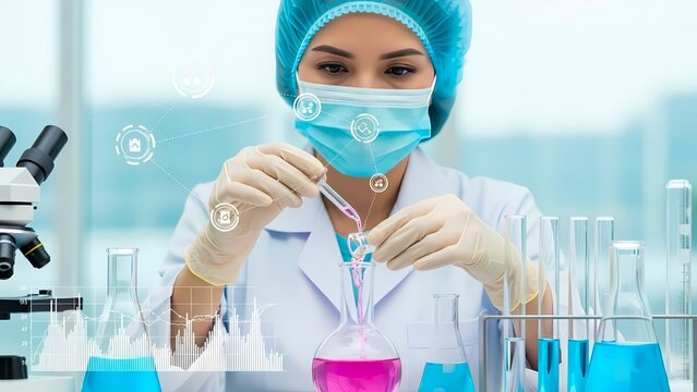 Female scientist wearing a mask and cap is diligently working with colorful liquids in laboratory glassware. - Powered by Adobe