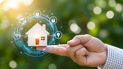 Hand holds a small white house model surrounded by smart home technology icons outdoors.