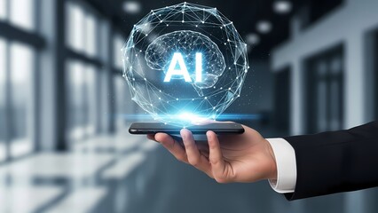 Hand holding a smartphone displays a glowing ai brain within a digital network structure.
