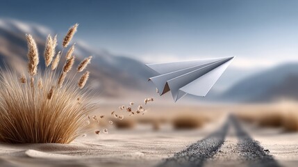 A paper airplane drifts through a tranquil desert, symbolizing dreams and exploration against a stunning backdrop