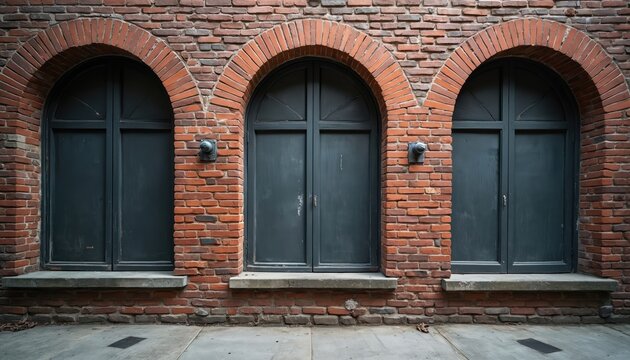 Exterior view brick wall with three arched windows. Dark closed door windows made of wood. Building facade architecture background. Vintage style. Urban design. Old industrial construction.
