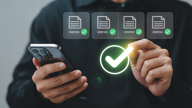Person holding a smartphone with digital verified document icons and a glowing checkmark illustrating data validation and secure digital transactions on a mobile device - Powered by Adobe