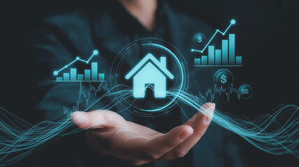 Modern digital art showcasing a glowing house icon above a hand with financial charts symbolizing real estate investment property market growth and the future of home