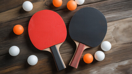 Table Tennis Paddles and Balls on Wooden Background 
