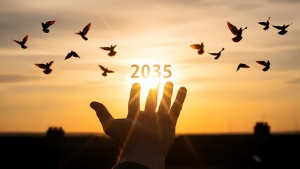 Hand reaches towards glowing "2035" with birds flying into a sunset sky.