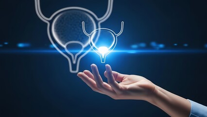 Human hand holding a glowing digital representation of the bladder, symbolizing urology health and medical innovation.