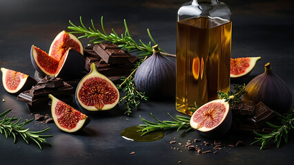 A bottle of olive oil surrounded by fresh figs and rosemary on a dark background