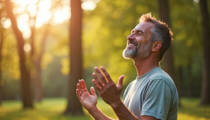 Naklejka premium Happy middle-aged man smiles, looks up, hands open, practicing mindfulness, deep breathing outdoors. Feels truly refreshed, healthy, enjoying fresh air in sunny park. Golden sunlight filters through