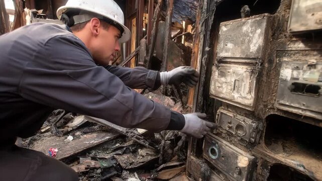 Investigator analyzing a commercial buildings interior destroyed by fire highlighting damaged machinery and debris to determine restoration costs.