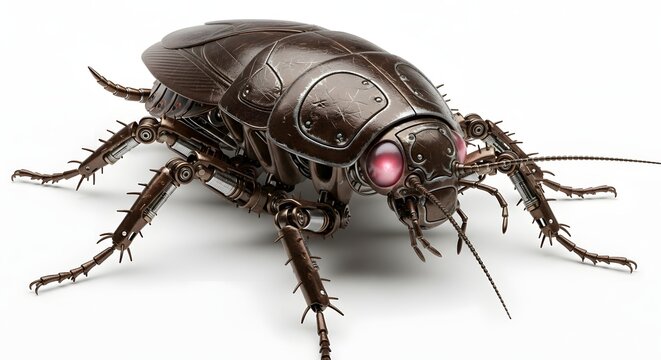 Intricate copper robotic cockroach with pink glowing eyes isolated on white background, mechanical insect 3D render