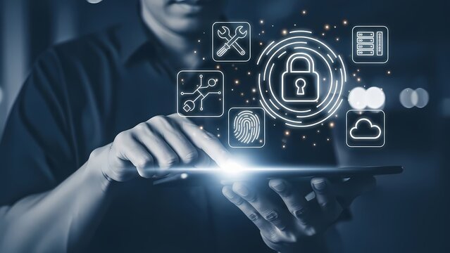 Man using a tablet displaying cybersecurity icons and a locked padlock graphic. - Powered by Adobe