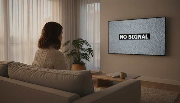 Woman sitting on a sofa in a modern living room, frustratingly watching a television showing a no signal message and static, indicating a technical issue or broadcast interruption