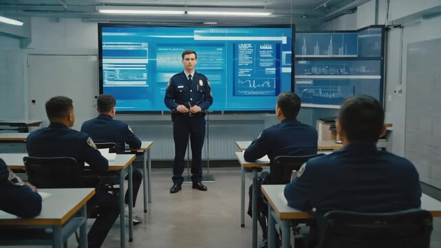 Police inspector giving a class to the police officers.
