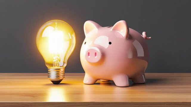 Light bulb with a piggy bank next to it. Energy saving.