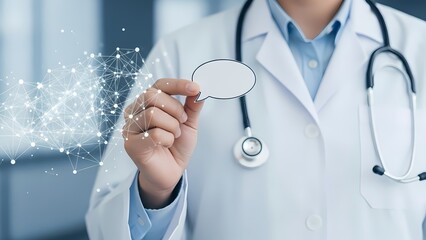 Medical professional in a lab coat holds a blank speech bubble near a glowing network.