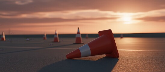 Traffic cone lying fallen on an asphalt road under a sunset sky, surrounded by other upright cones, symbolizing a learning challenge, failure, or a mistake during a driving practice session or test