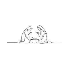 A continuous line drawing depicts the nativity scene with mary and joseph