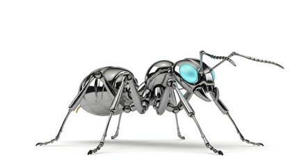 Silver chrome mechanical ant robot with glowing blue eyes and metallic legs