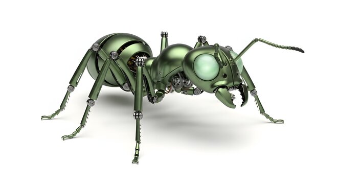 Green metallic mechanical ant robot with glowing eyes on white background