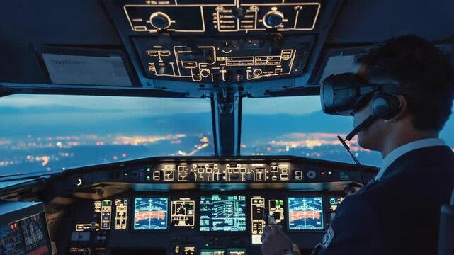 Airplane pilot wearing VR goggles. Flight training.