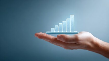 Hand presenting a glowing blue digital bar chart, visualizing data analysis, financial increase, market success, and technological business growth on a transparent interface