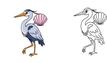 Obraz premium Cute Cartoon Grey Heron Bird Carrying a Pink Seashell on its Back, Adorable Stork Character Illustration for Kids Projects and Coastal Graphic Design on White Background.