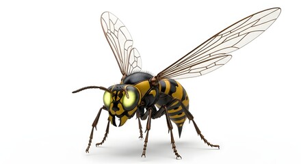 Robotic wasp insect with yellow and black mechanical armor and translucent wings, futuristic 3d technology