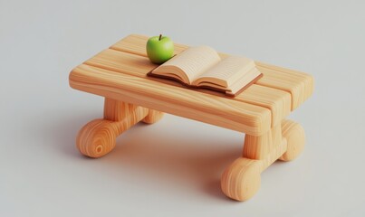 Wooden stool with open book and apple still life simple education concept
