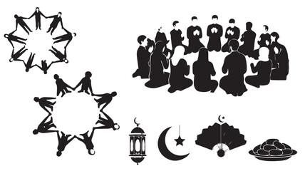 Ramadan People Silhouettes with Lantern Moon Star Symbols