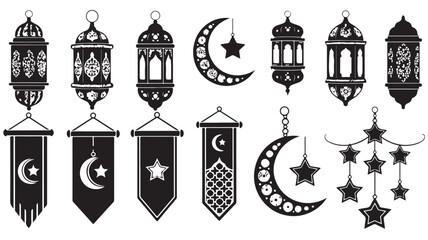 Ramadan Lanterns and Stars with Crescent Moon © No