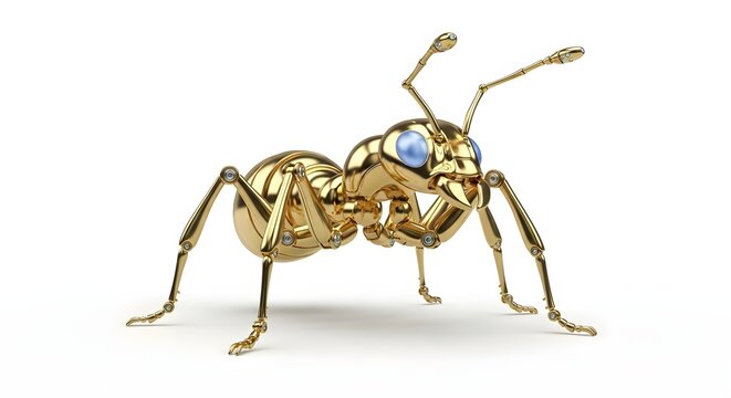 Luxury golden ant robot with polished metallic surface and blue crystal eyes, futuristic artificial life