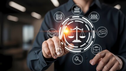 Person in a suit points to a circular icon featuring scales of justice and related legal symbols.