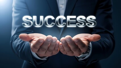 Person holds open hands with the word success glowing brightly above them in a professional setting.