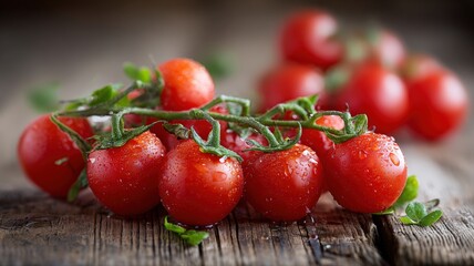 Fresh Cherry Tomatoes on Wooden Surface: Vibrant, Healthy Eating and Culinary Ingredient Still Life
