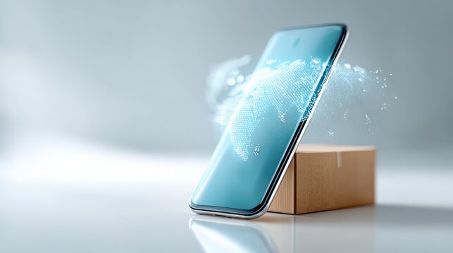 Smartphone screen displaying a glowing digital world map and data connections, symbolizing global logistics, e commerce, and online delivery alongside a plain cardboard shipping box - Powered by Adobe
