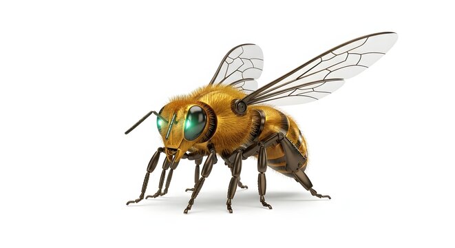 Cybernetic Mechanical Bee with Golden Fuzz and Glowing Green Eyes, High Tech Artificial Insect Concept 3D Illustration