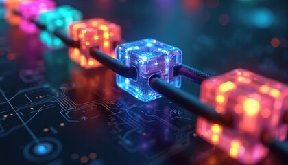 Digital chain represents power of blockchain tech for business models, innovation. Glowing connections symbolize information transfer. Visual cyberspace, transistor components, semiconductors,