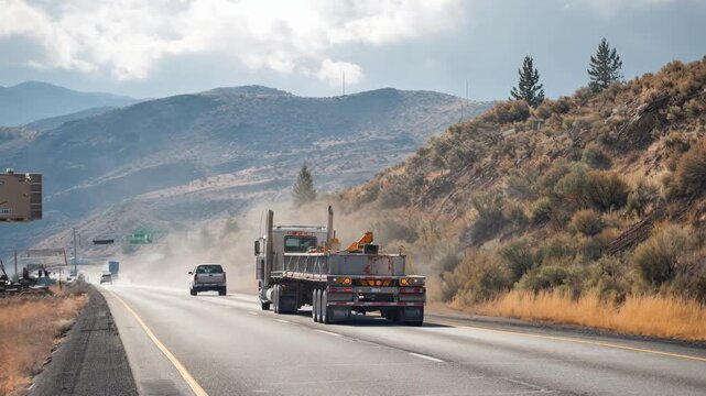 Medium shot of an escort vehicle signaling safety measures while accompanying an oversized trailer on a rural highway.