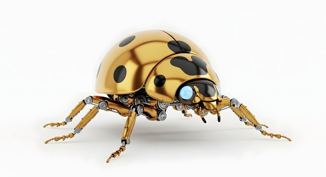 Luxury Golden Robotic Ladybug with Black Spots and Mechanical Underbelly, 3D Rendered Bionic Insect on White