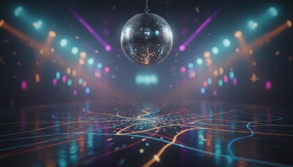 Disco ball hanging, reflecting colorful light patterns and spotlights on an empty, shiny dance floor, creating an inviting atmosphere for dancing and celebration