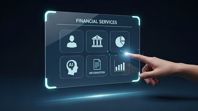 Modern financial services concept with futuristic interface and hand interaction