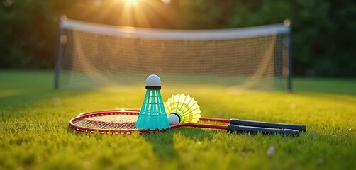 Portable badminton set rests on green grass near net. Rackets and shuttlecocks await game play. Sunlight streams through trees creating a warm outdoor atmosphere perfect for recreation.