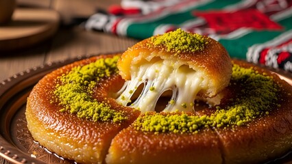 Freshly baked Palestinian Knafeh on copper tray in diffused sunlight
